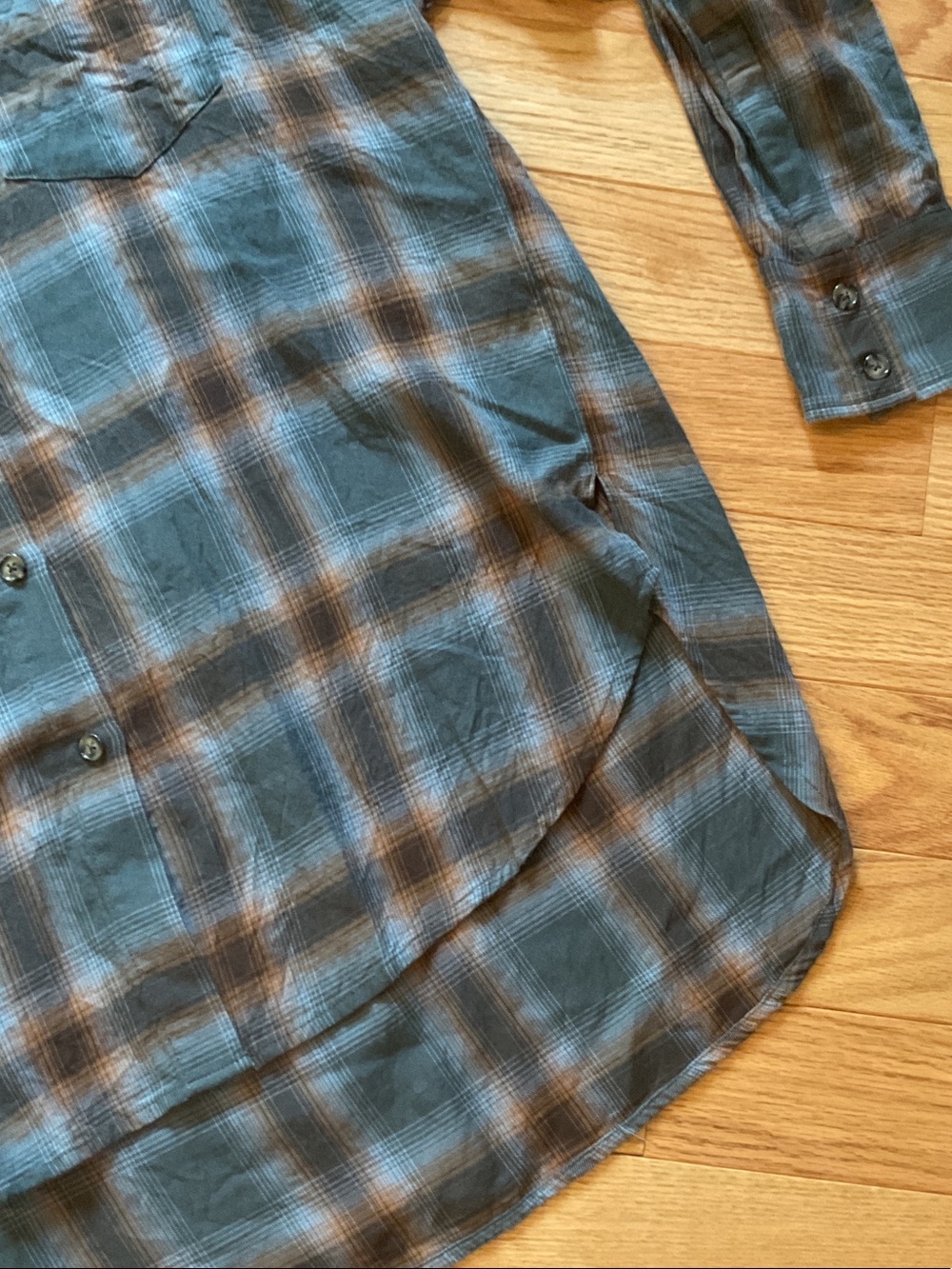Anthropologie Paper Label Plaid Button-Up Shirt Teal Brown NWOT medium hi Lo - Picture 6 of 14